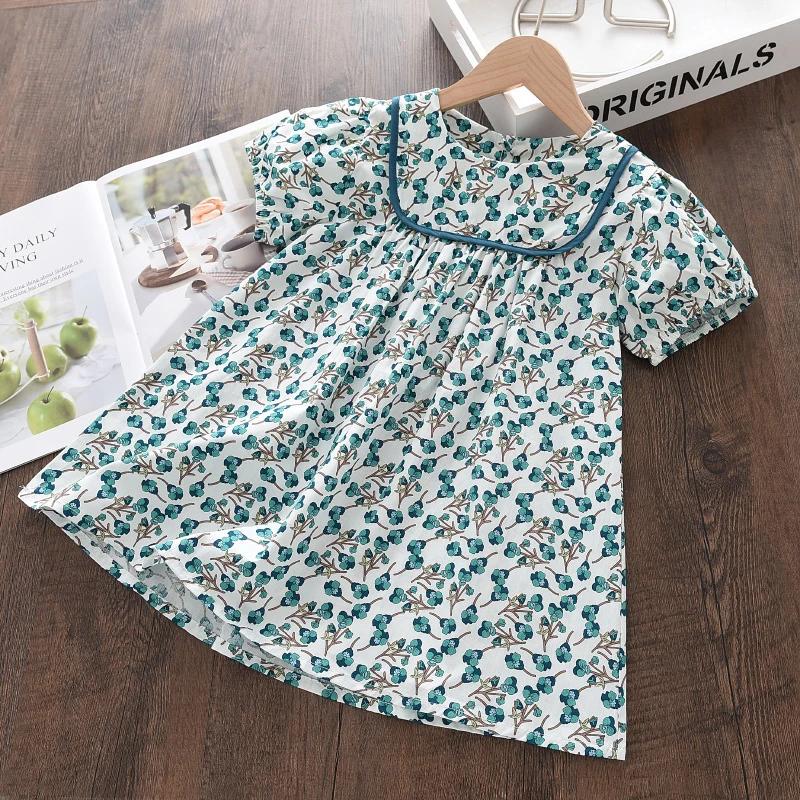 Summer Fashion 2-7Years Girls Green Casual Print Dresses Sweet Cute Children Vintage Comfortable Cotton Short Sleeve Clothes 4T