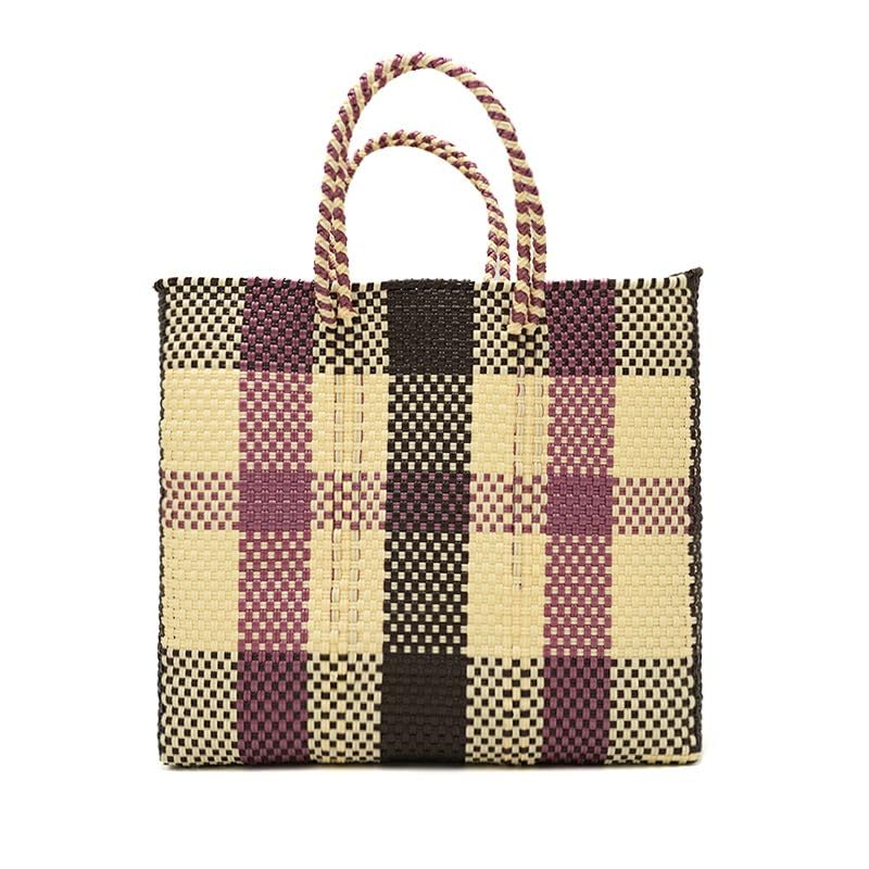Letra 3 цвета в клетку - Плетеная сумка ручной работы - Сумка-шоппер - КремовыйМеталлический розовыйКоричневый (M)