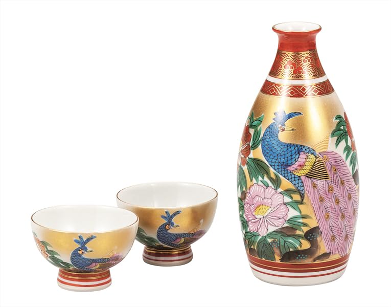 Kutani ware Iwataya sake set porcelain peony and peacock design - K9-1257
