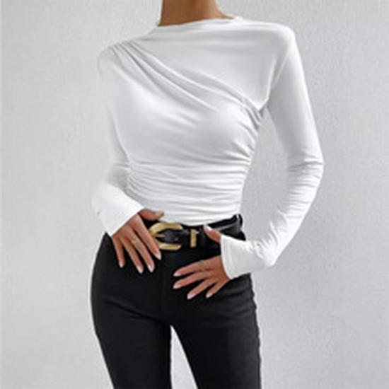 2024 Women's Apricot Slim Fit Pleated Long Sleeve T-Shirt