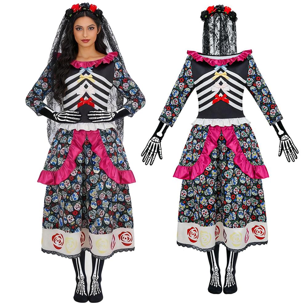 Ghost Bride Cosplay Costume Dress Mexican Day Of The Dead Colorful Flower And Rose Skull Print Horror Cosplay Halloween Costume