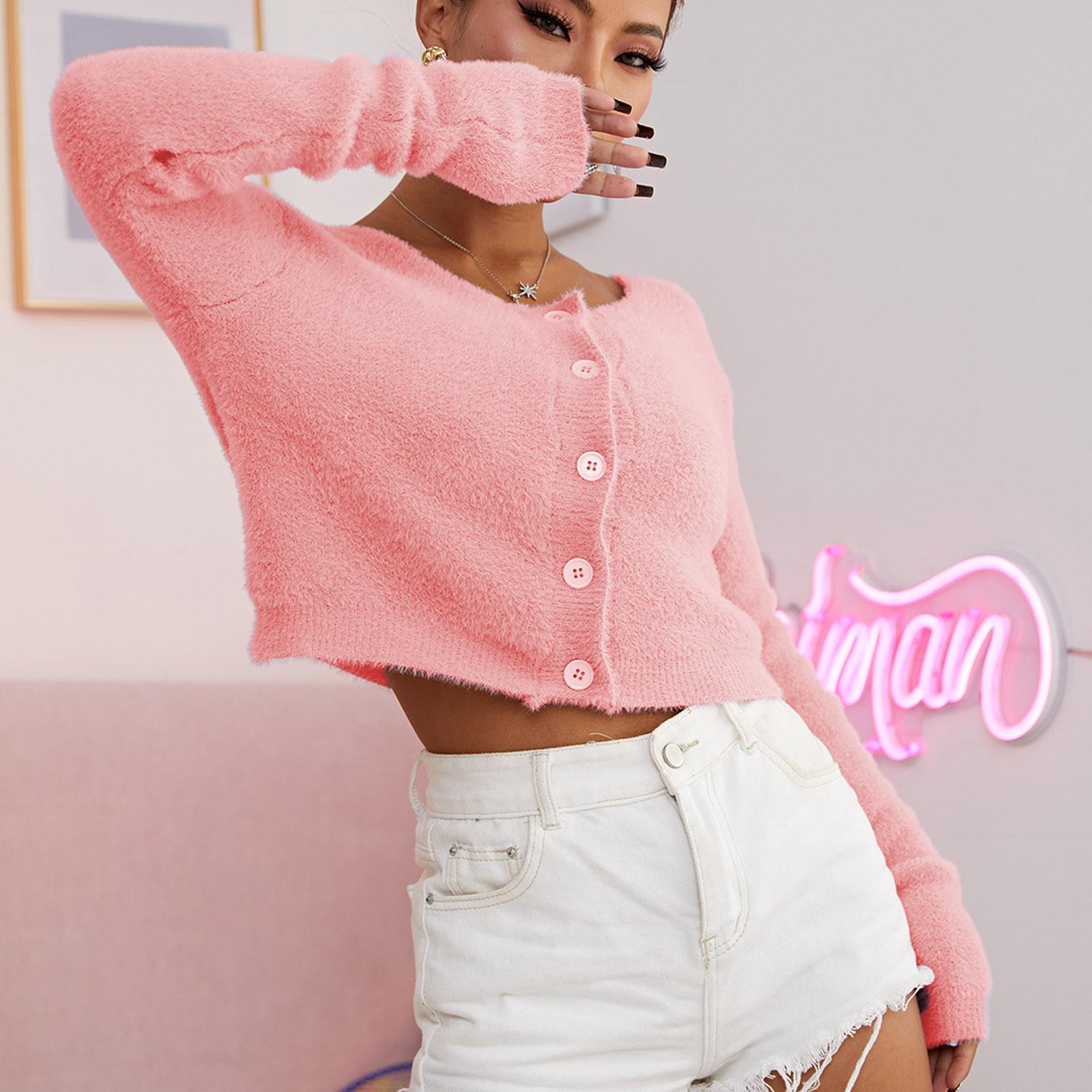 

Цветной свитер с круглым вырезом и длинными рукавами, кардиган на пуговицах, вязаный топ S розовый