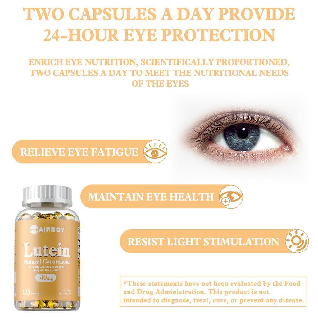 Hochwertiger Lutein- und Zeaxanthin-Extrakt, lindert Augenermüdung, schützt die Augen, hilft bei der Filterung von Blaulicht und enthält natürliches Carotin.