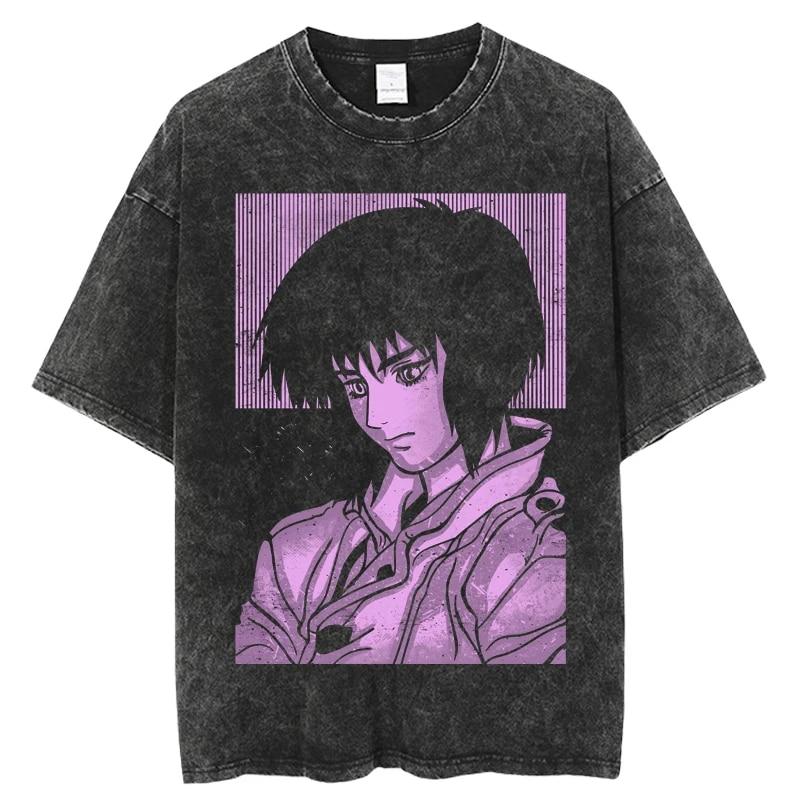 Modisches Ghost in the Shell Anime-T-Shirt mit verwaschenem O-Ausschnitt und kurzen Ärmeln für Damen, Schwarz, übergroß, lässig, Hip-Hop-Top
