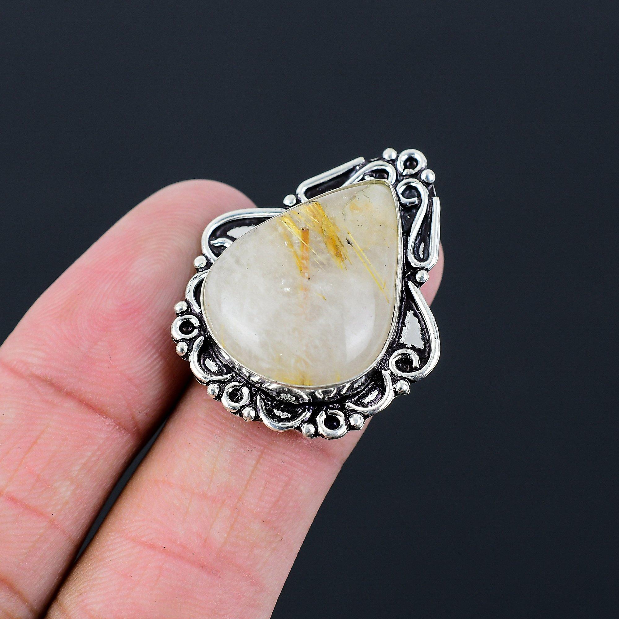 Easter Sale 925 Silver Natural Golden Rutile Solitaire Wedding New Ring Size 7.5 7.5