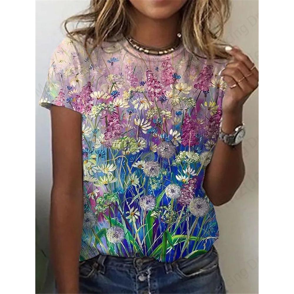 Women's 3d Tiger Print T-shirt, Round Neck Short Sleeve Casual T-shirt, Animal T-shirts, Floral T-shirts