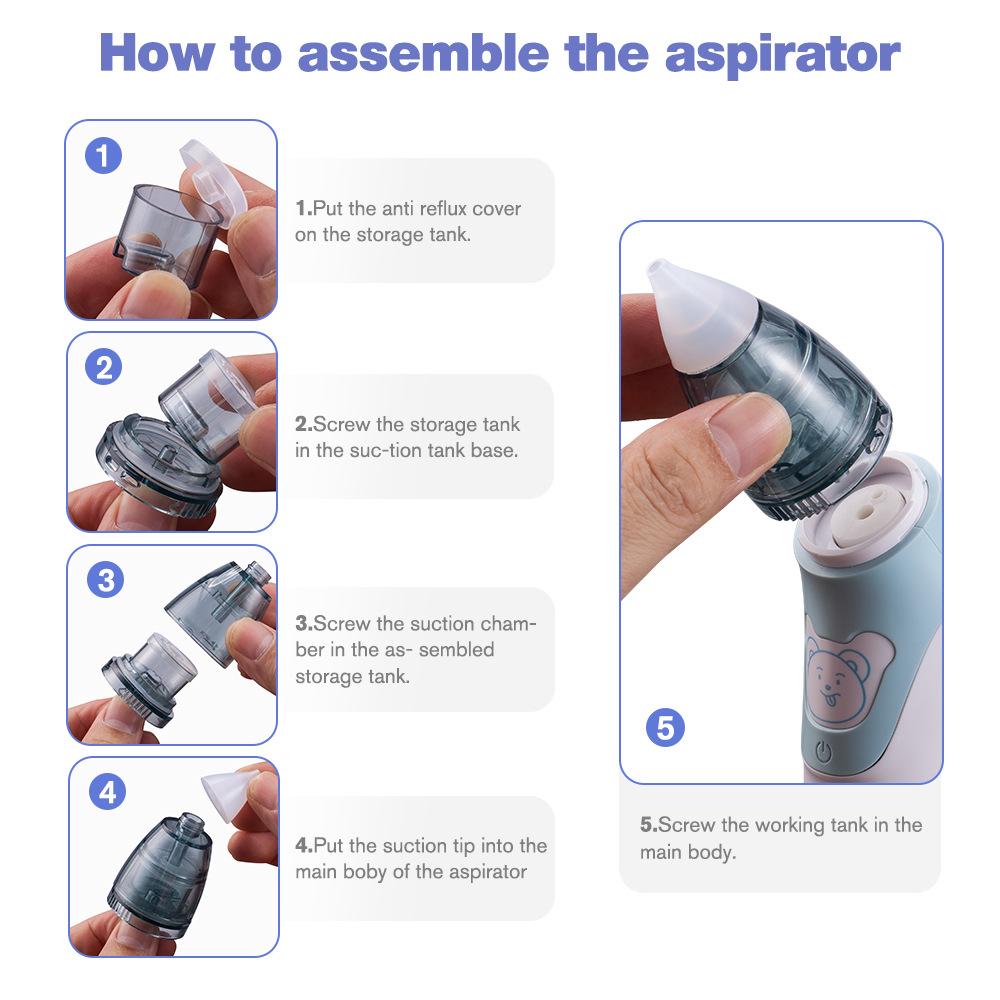 Dětská elektrická nosní odsávačka Nosní odsávačka s potravinářským silikonovým náustkem 3 režimy sání a uklidňující hudba