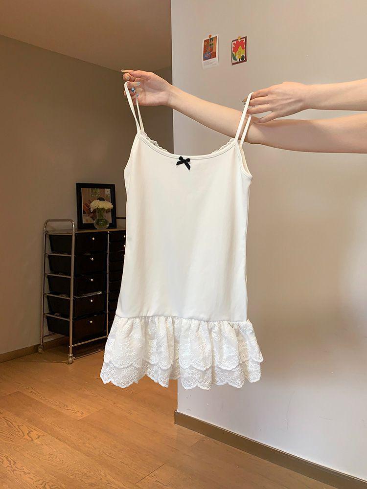 Women's White Bow Strap Layered Tank Top with Lace Trim - Spring/Summer 2025 Collection