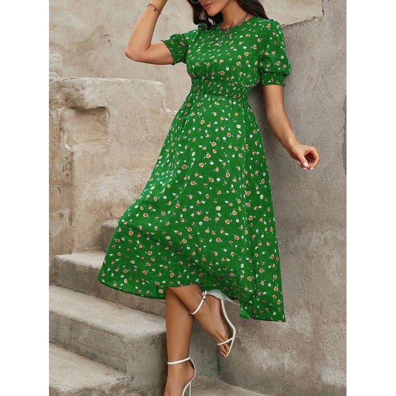 Sweet Summer New Arrival European Fashion Round Neck Small Floral Elastic Waist Tight Waist Puff Short Sleeve Mid Length Long Length Dress