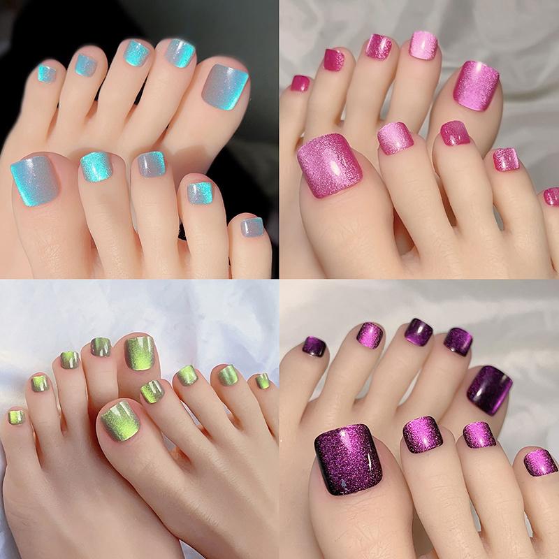 10Pcs/Box  Cat Eye Shining Diamond Toe False Nail Handmade Wearing Armor Short Press On Nails For Toes Faux