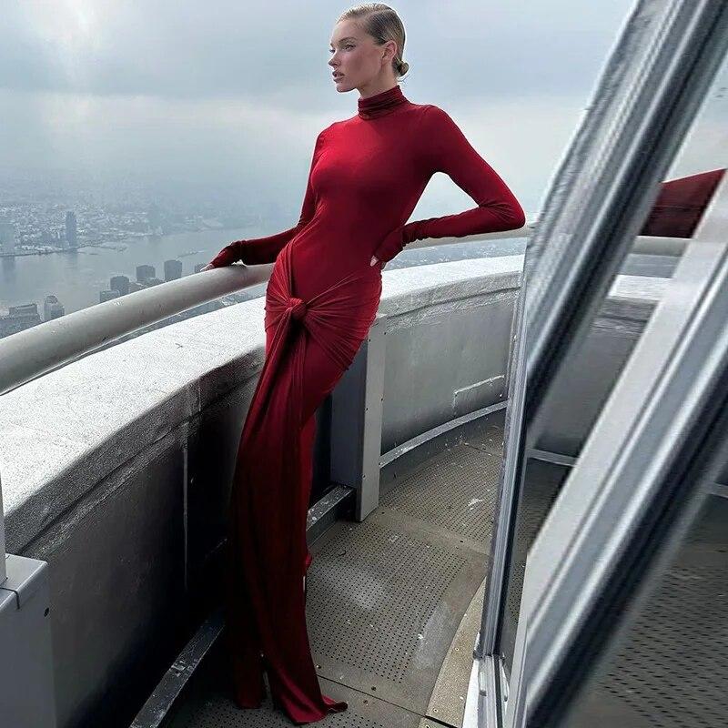 Women Spring Autumn Elegant Long Sleeve Party Club Streetwear Bodycon Red Long Dress