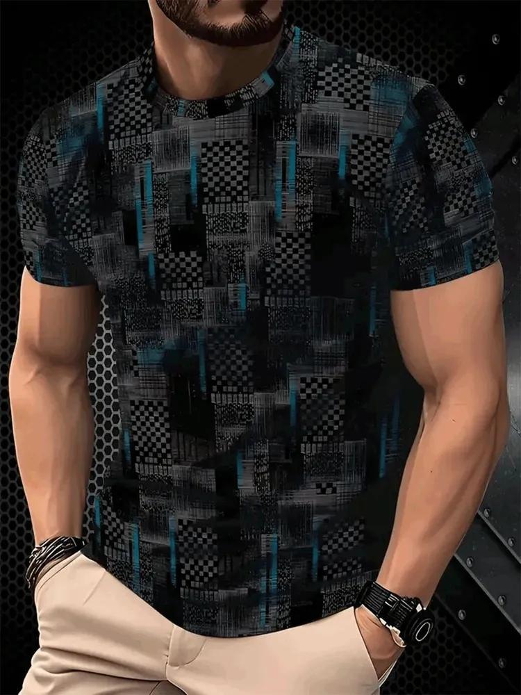 Men's All-Over Abstract Pixel Art T-Shirt, Dark Grunge Checkerboard and Line Pattern, Breathable Short Sleeve Crew Neck Tee for Men