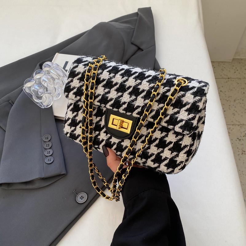 Elegant French Woolen Grid Small Crossbody Bag 2023 New Season Chic Shoulder Bag Houndstooth чёрный
