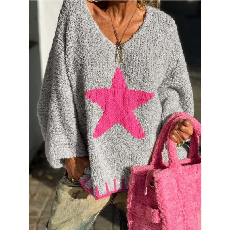 2025 Autumn New Star Pattern Women's Sweater Casual Loose V-neck Sweater Elegant Versatile Pullover