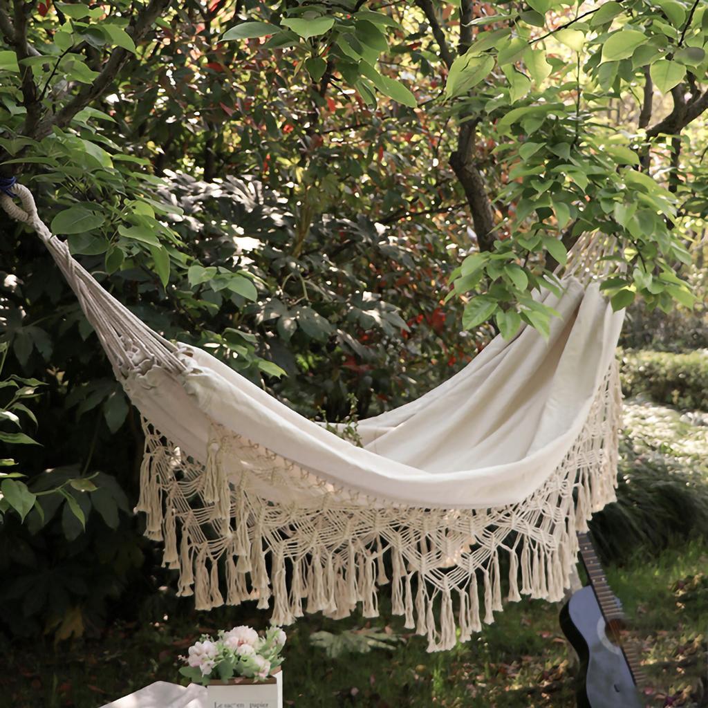 Double Hammock Wearable Portable Rustic Tassel Adult Hammock with 2 Tie Ropes Storage Bag for