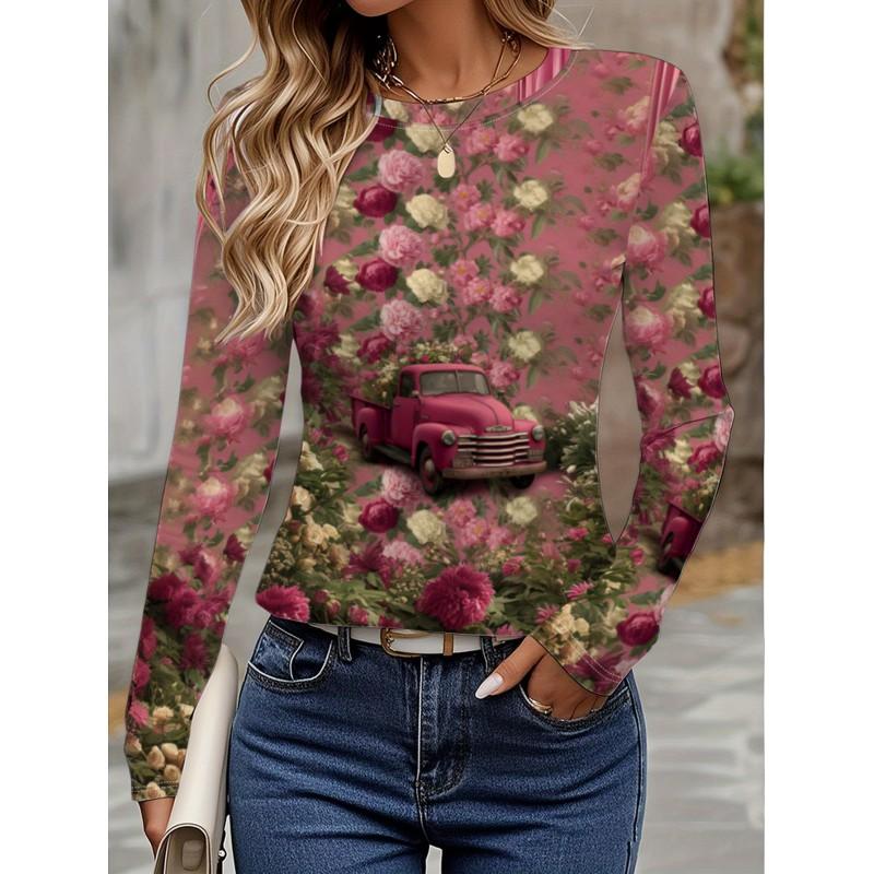 Womens Long Sleeve Crew Neck T-Shirt With 3D Flamingo Print Soft Milk Silk Fabric Loose Fit Casual 2025