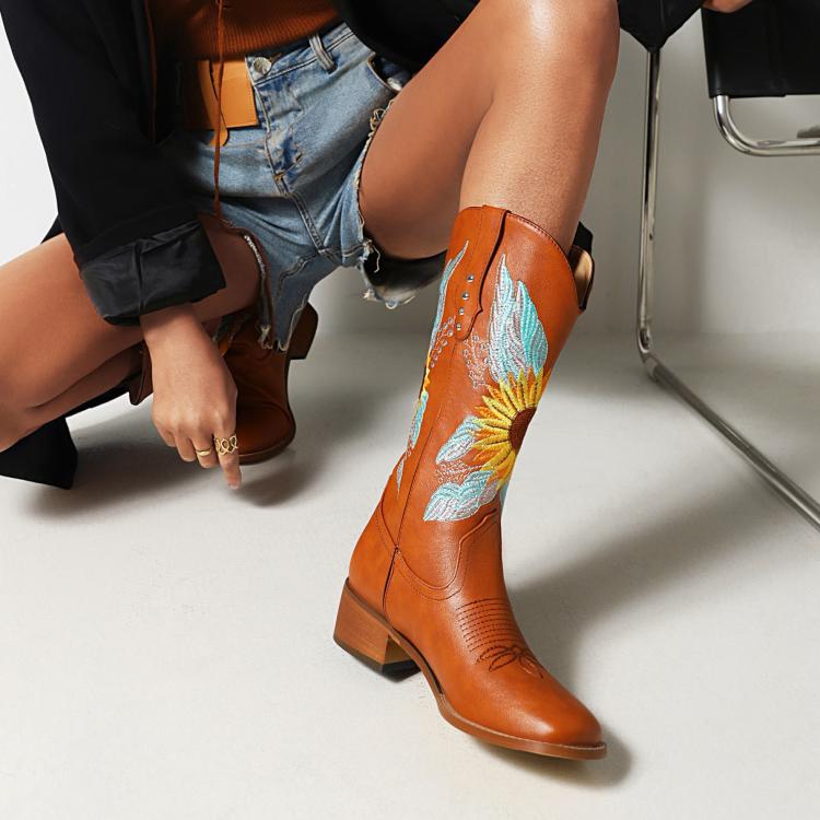 European and American  Retro Embroidered Flower Medium Heel Women's Tall Boots