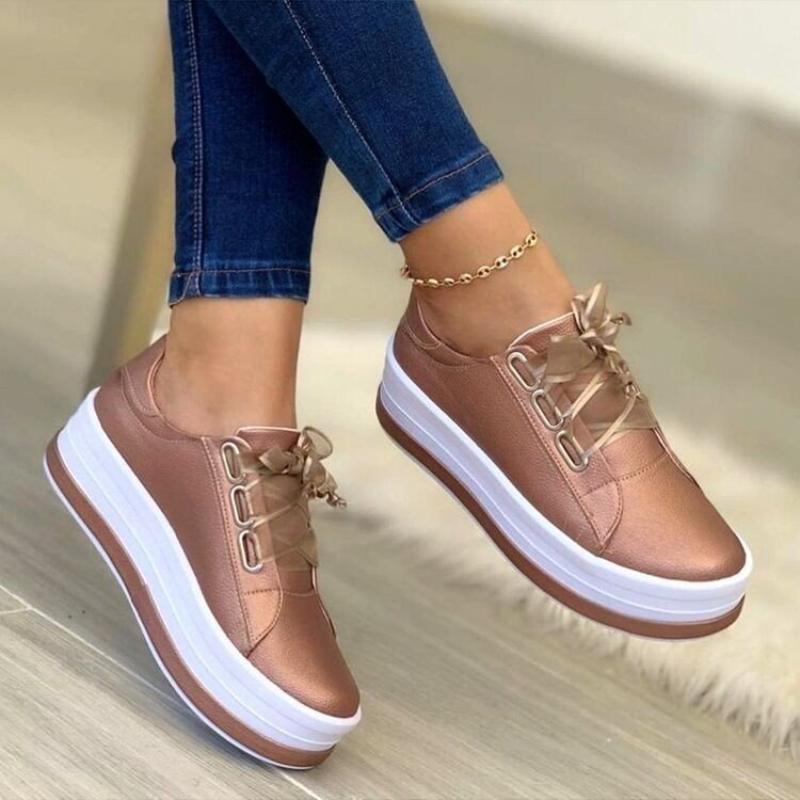 Woman   Lace Up Platform Shoes Women Gold Silver Flats Women Leather Thick Bottom Sneakers  De