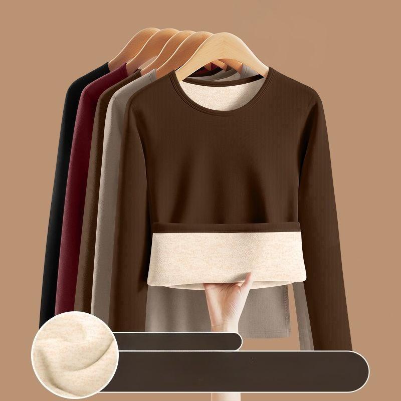 Women's Autumn Winter Round Neck with Velvet Lining Sweater Thickened Wear Thermal Clothes Long-sleeved T-shirt Bottoming Shirt