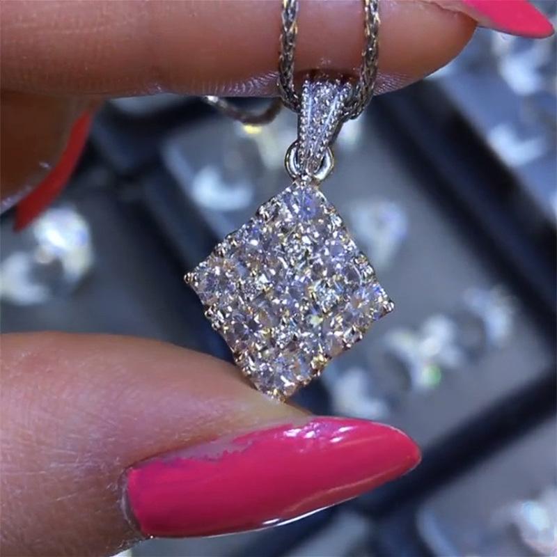 Square Full Paved Cluster Pendant with Paved Bail Women Twisted Rope Chain Clavicle Necklace
