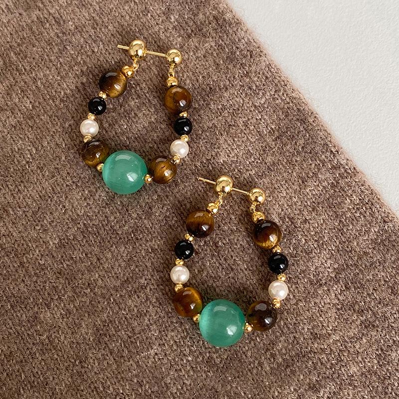 Silver Needle Tiger Eye Pearl Earrings - Retro Ethnic Style, Versatile High-End Stud Earrings