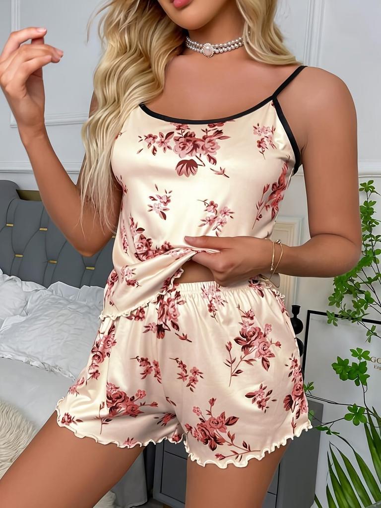 Shein Floral Print Milk Silk Women's Pajamas Set - Camisole & Shorts