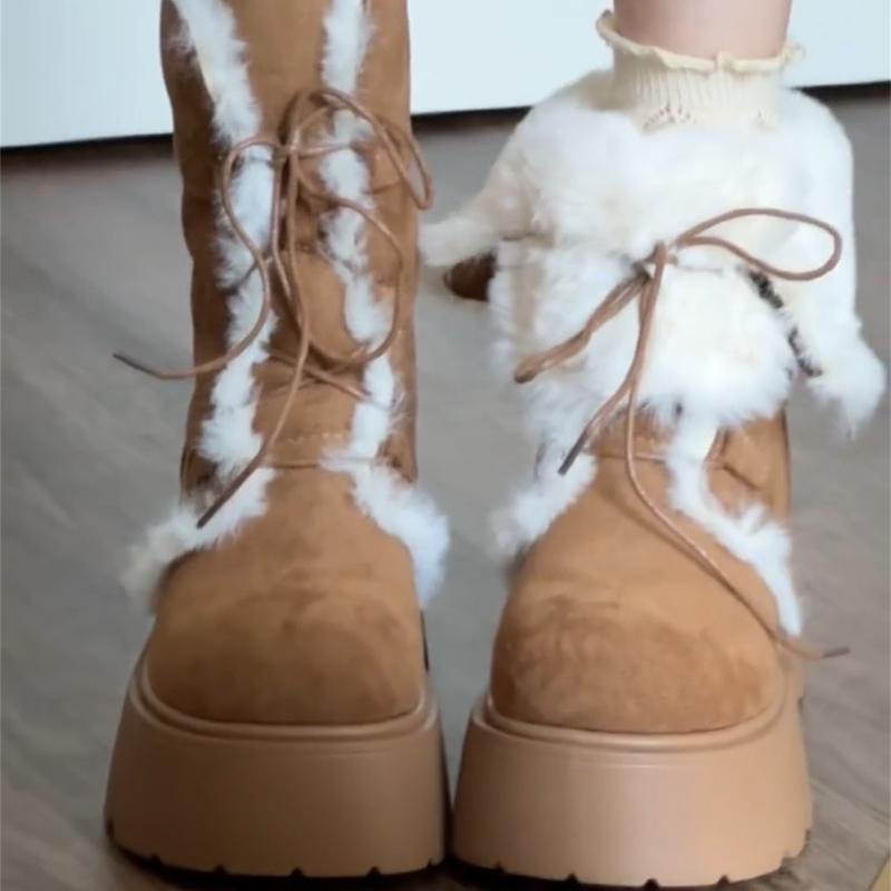 Winter Chunky Heel Women Fur Lining Snow Boots Concise Height Increase Shoes Ladies Comfort Warm Cotton Mid Calf Booties
