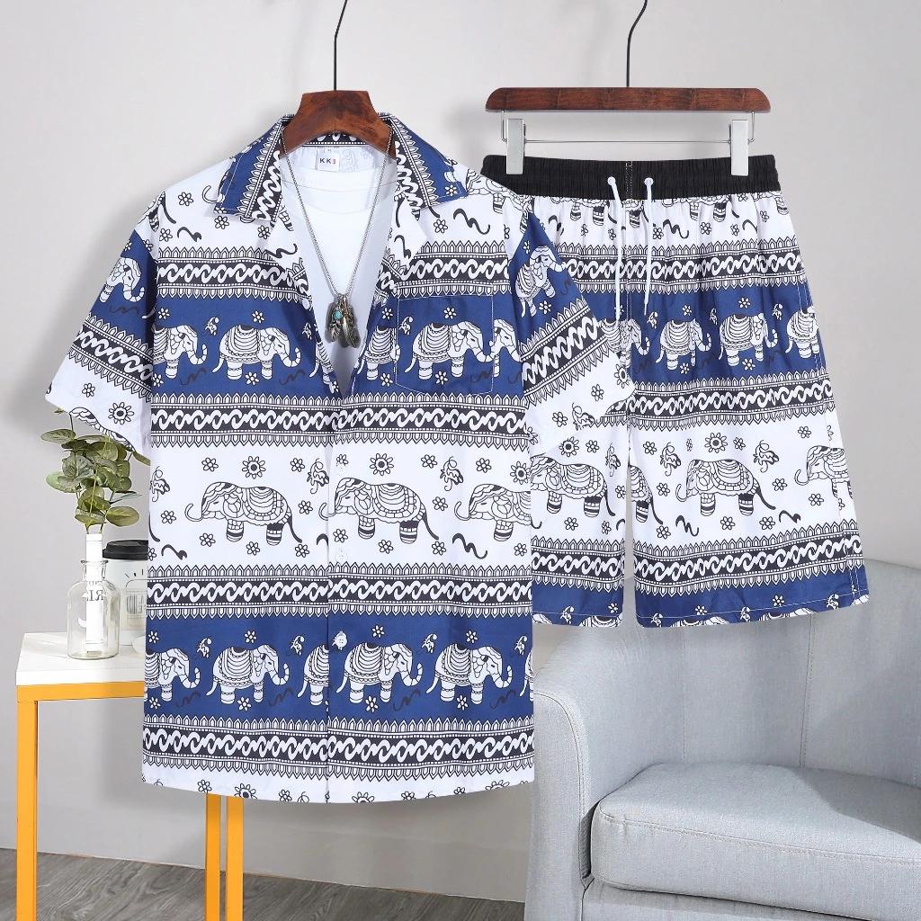 Elephant Pants Shorts Shirt Set V-neck Adjustable Elastic Waist Strap Women Men Unisex Print Thailand Casual Beach Summer Bohemian Retro Vintage