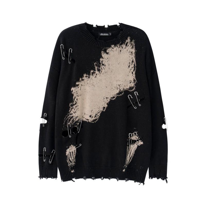 Oversized Crewneck Sweater With Distressed Pinhole Detail Winter Streetwear Knitwear Teens