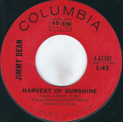 7inch Record JIMMY DEAN  Harvest Of Sunshine  Under The Sun 443382 Columbia 1965 US CountryFolk Used