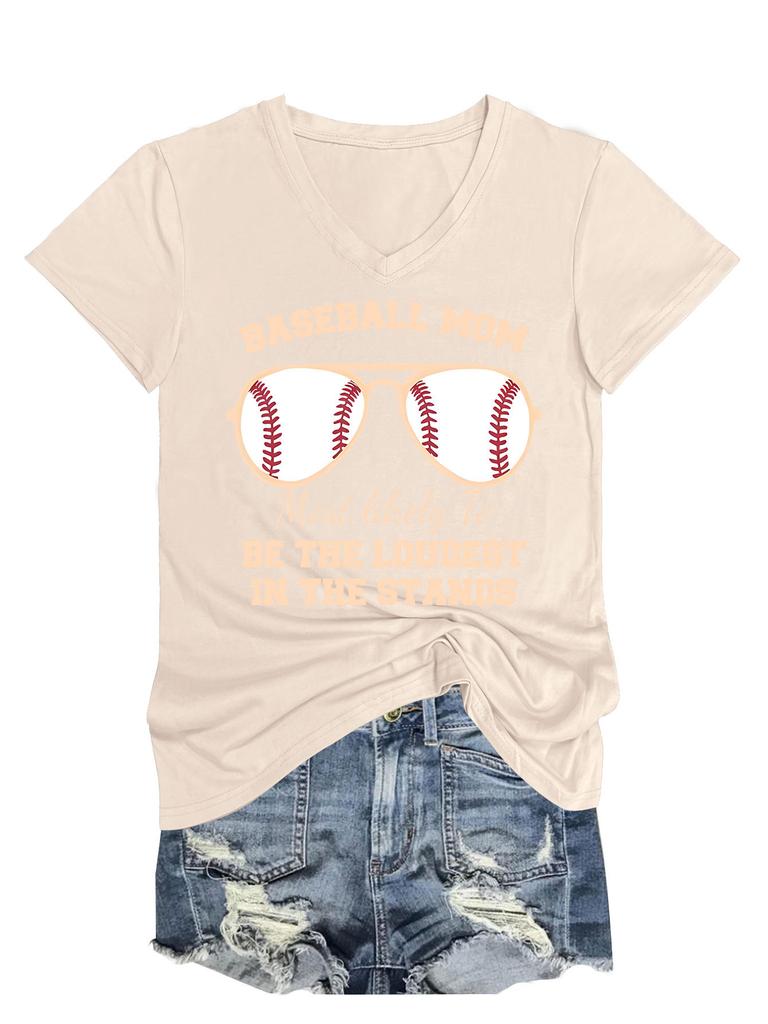 Summer New Short Sleeve Tshirt Baseball Mom Print Loose Vneck Casual Fashion Top