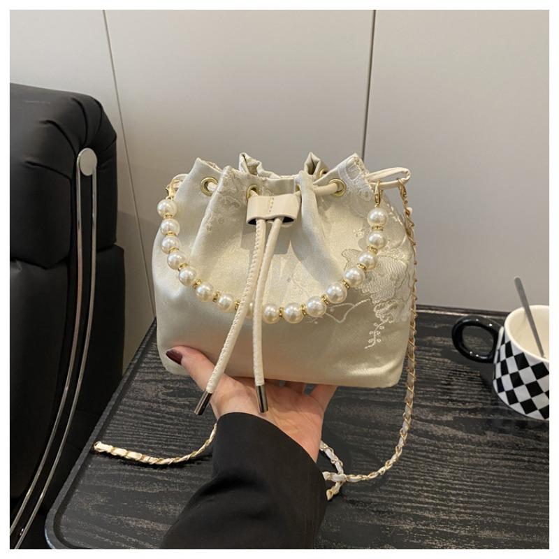 Hand carry pearl chain bucket bag women s summer embroidery shoulder bag niche simplicity messenger bag