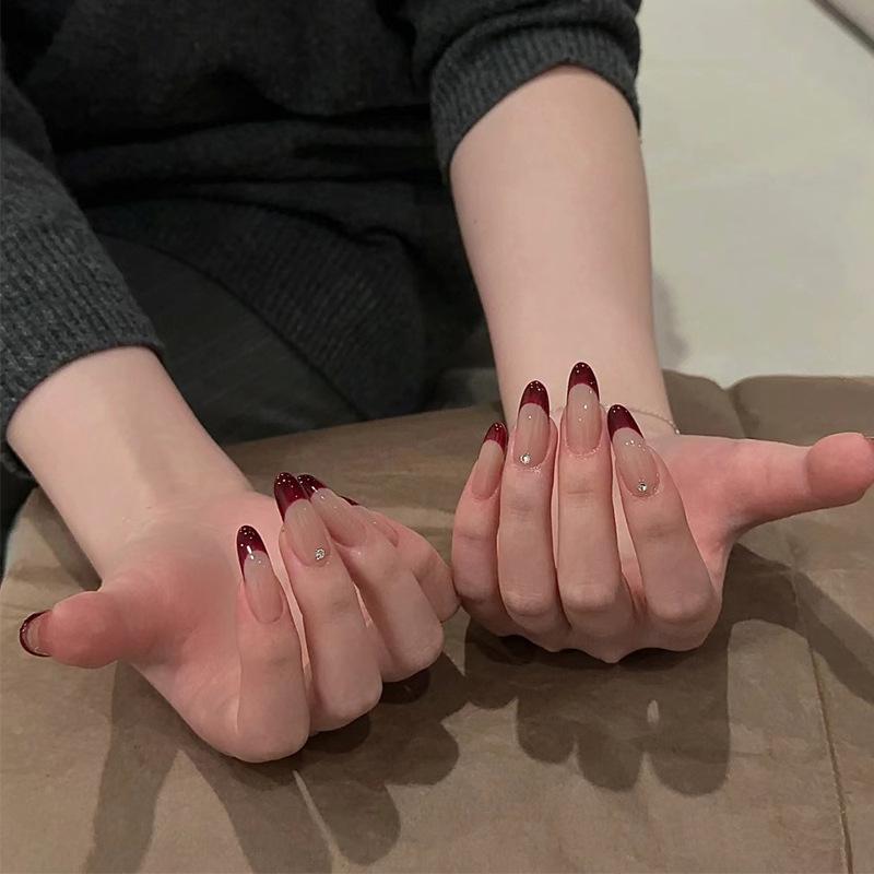Teardrop Burgundy French Blush Handmade Removable False Nail Tips