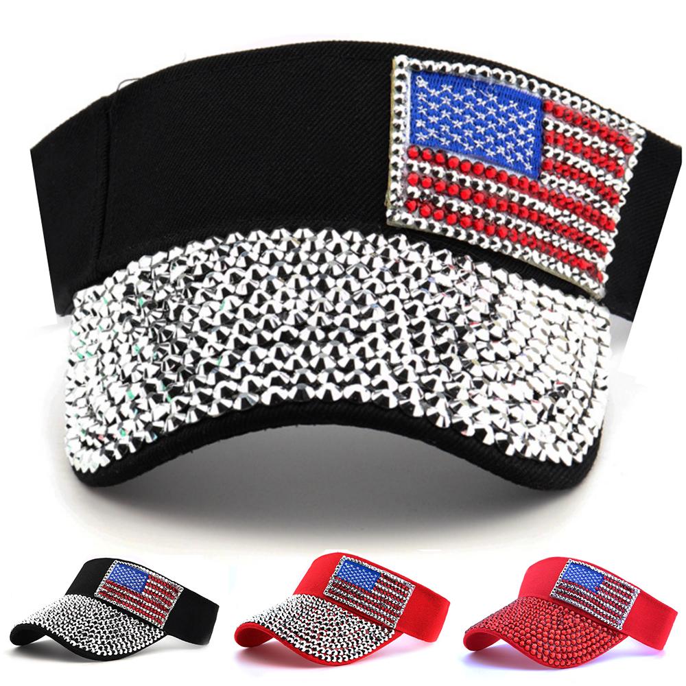 Unisex Summer Shiny Usa Flag Sun Hats For Women Men Adjustable Outdoor Breathable Visor Empty Top Cap Tennis Running Sports Hat
