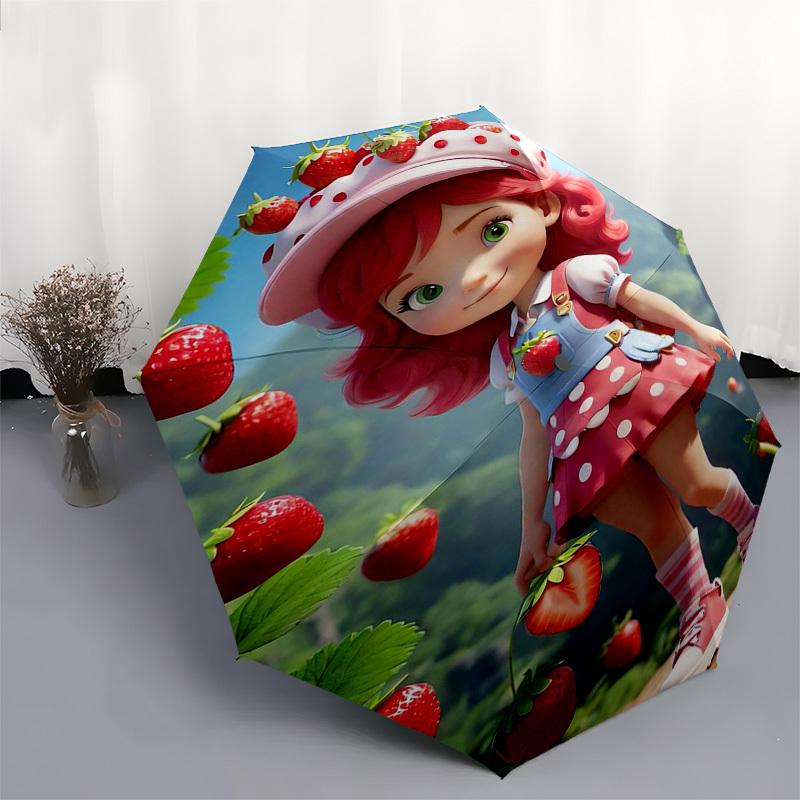Strawberry Themed Automatic Opening and Closing Umbrella, Compact Travel Umbrella, Lightweight and Portable, Suitable for Beach Commuting Bu