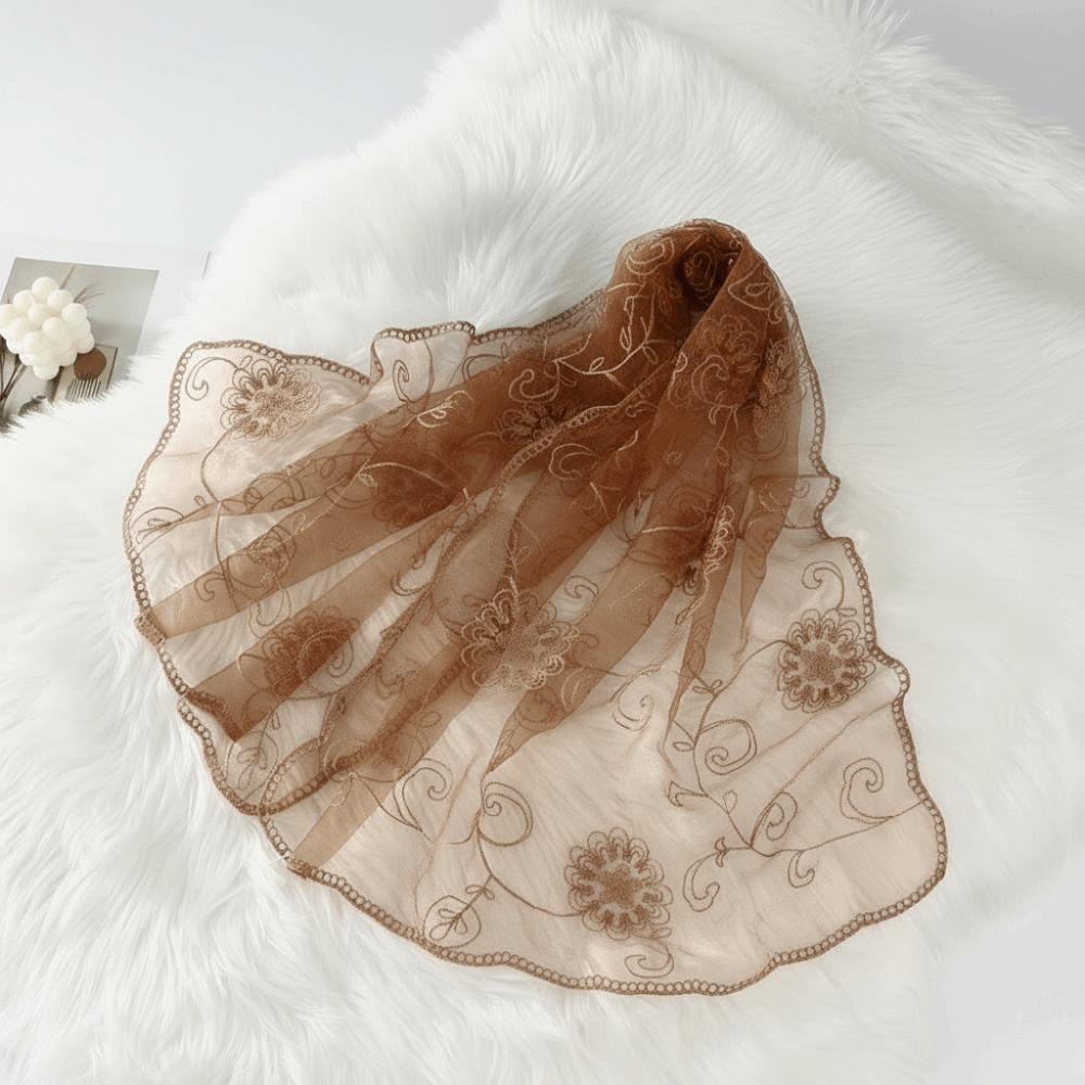 Lightweight Floral Headwrap Embroidered Mesh Stole Lace Scarf Sheer Shawl Travel Photoshoot кофейный
