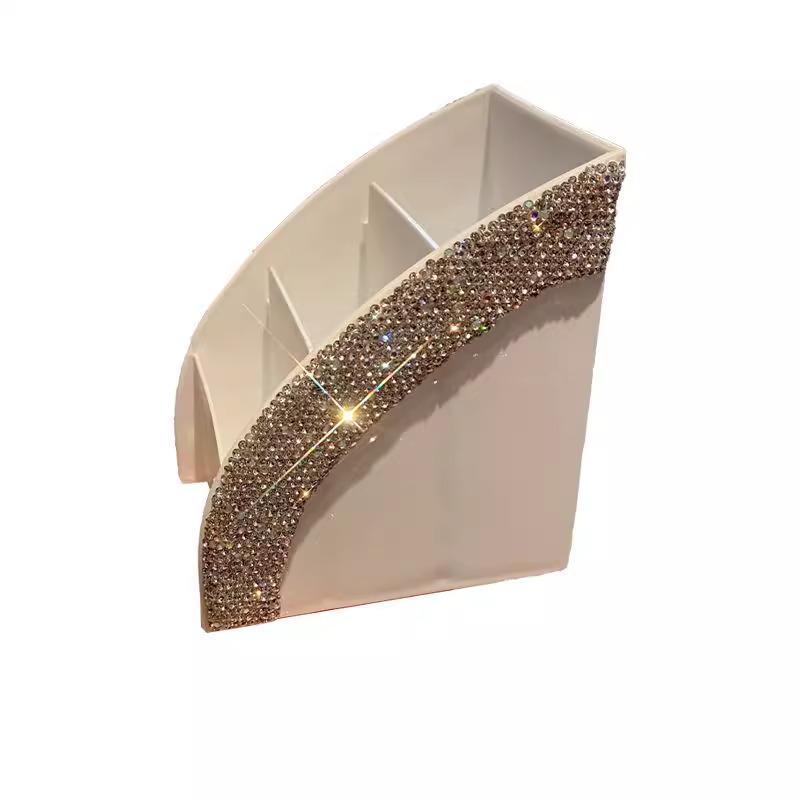 Luxury Makeup Brush & Remote Control Storage Box with Diamond Accents - Elegant Divided Organizer for Desktop or Office Use.