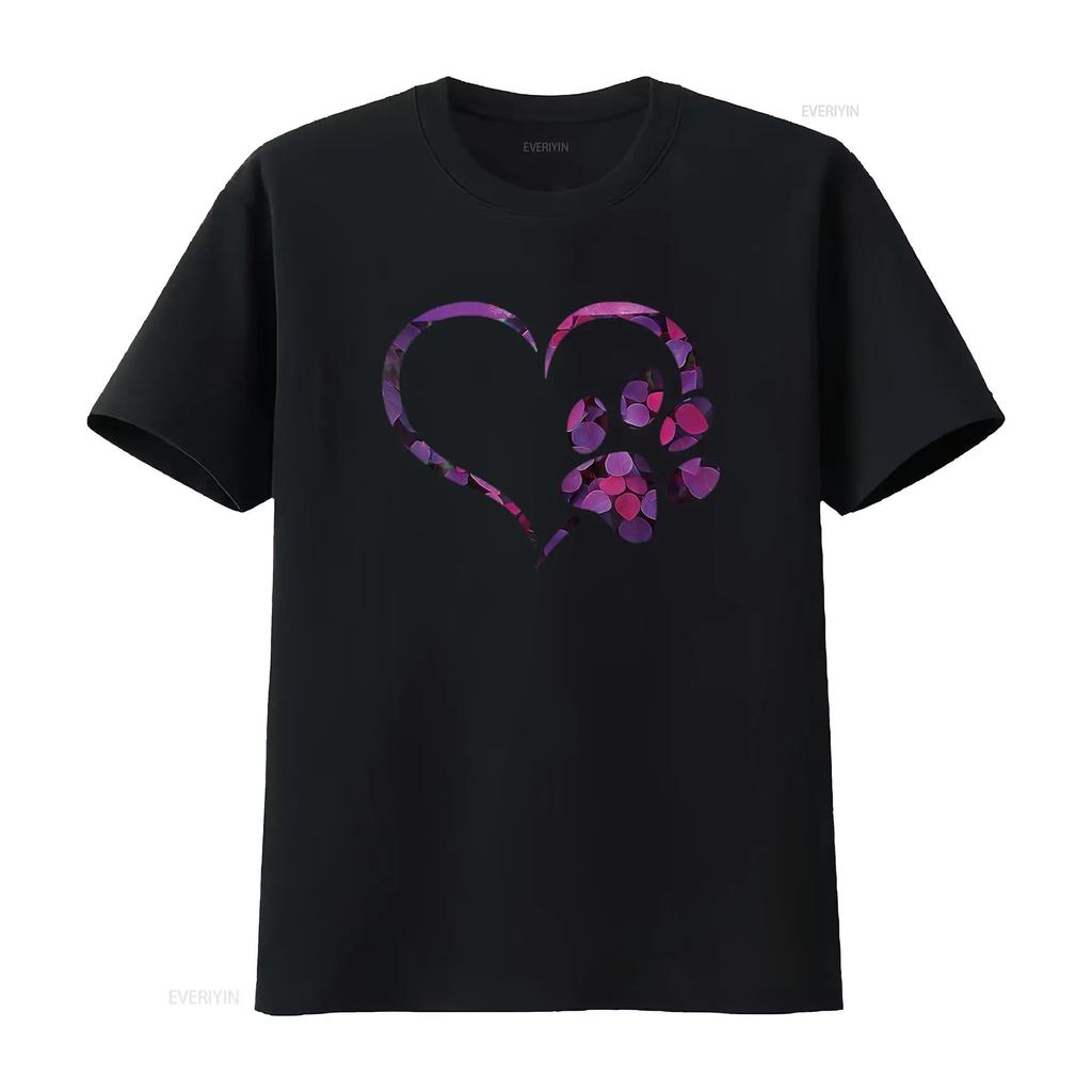 Floral Violet Purple Dog Cat Paw Print Heart Puppy Women S T Shirt with Personality Cute Tops for Vintage Washed