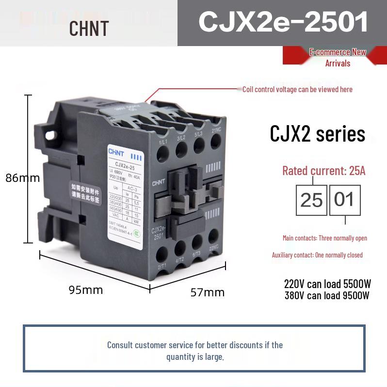 Chint Three-Phase AC Contactor CJX2 Series, 220V/380V, Models: 0910, 1210, 1810, 2510