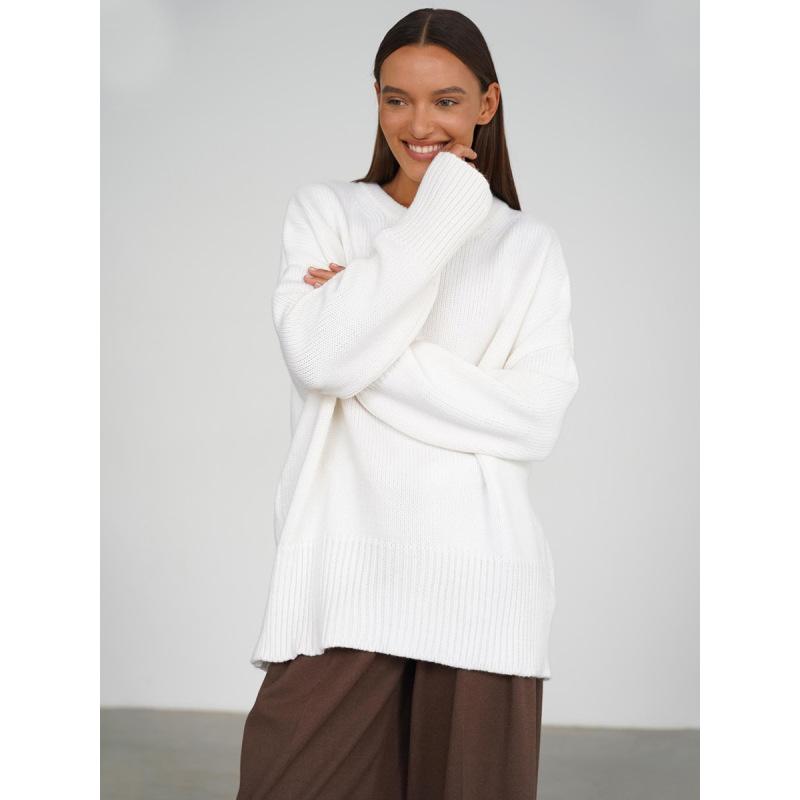 

Tooxika Ladies Осень и зима Новый однотонный универсальный повседневный ленивый пуловер вязаный свитер с круглым вырезом S белый