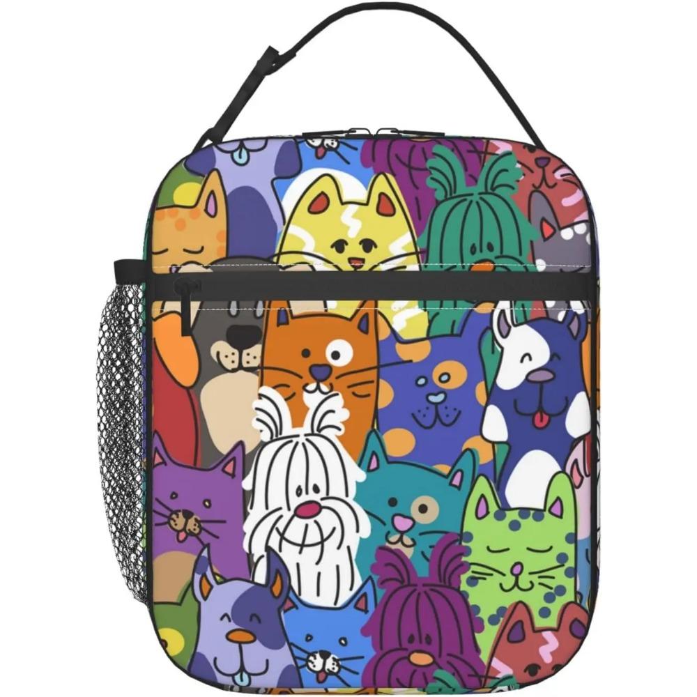 Colorful Cats and Dogs Lunch Bag Reusable Lunch Box Food Tote Container with Side Pocket for Work School Picnic