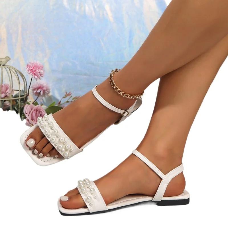 2025 Hot Sale Ladies Shoes Buckle Strap Women's Sandals String Bead Casual Sandals Women Summer Plus Size Flat Sandals