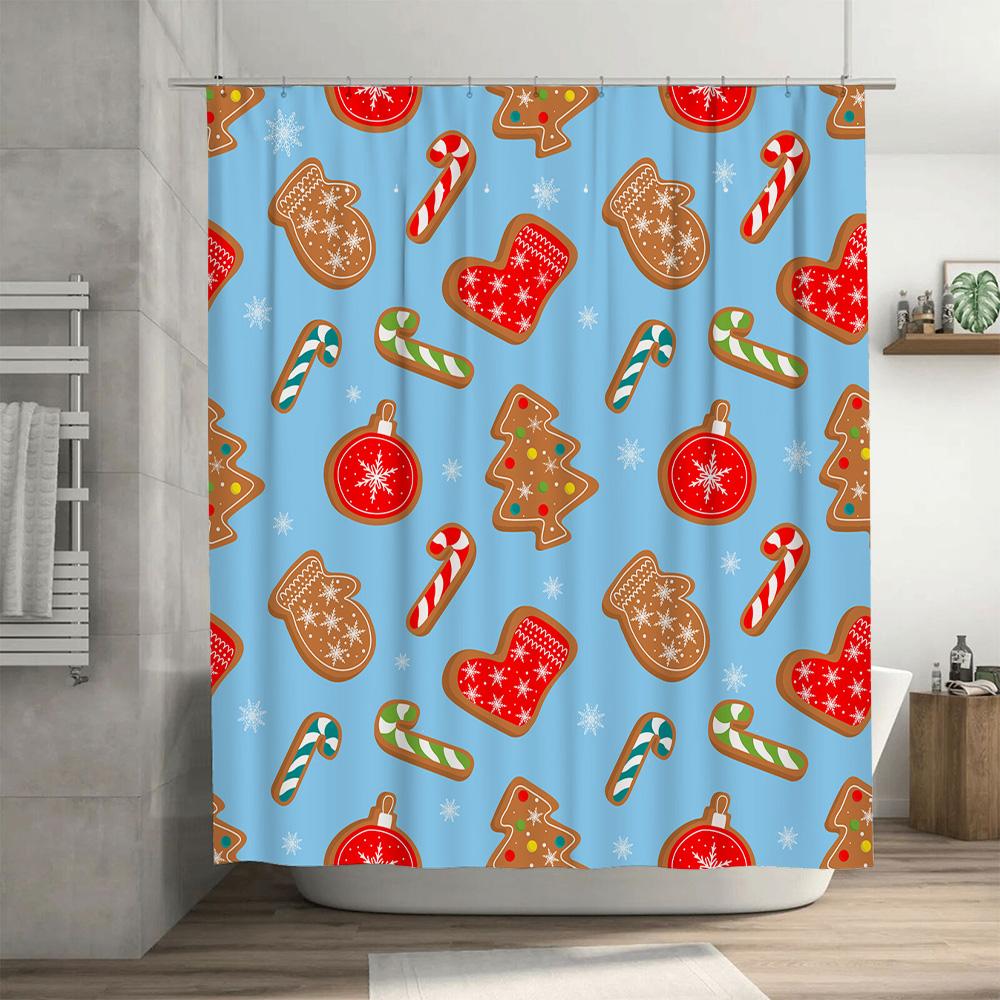 Christmas Shower Curtain Decorative Fabric Printing Waterproof Bathroom Shower Curtains with Gingerbread Man Cookie Candy Cane P