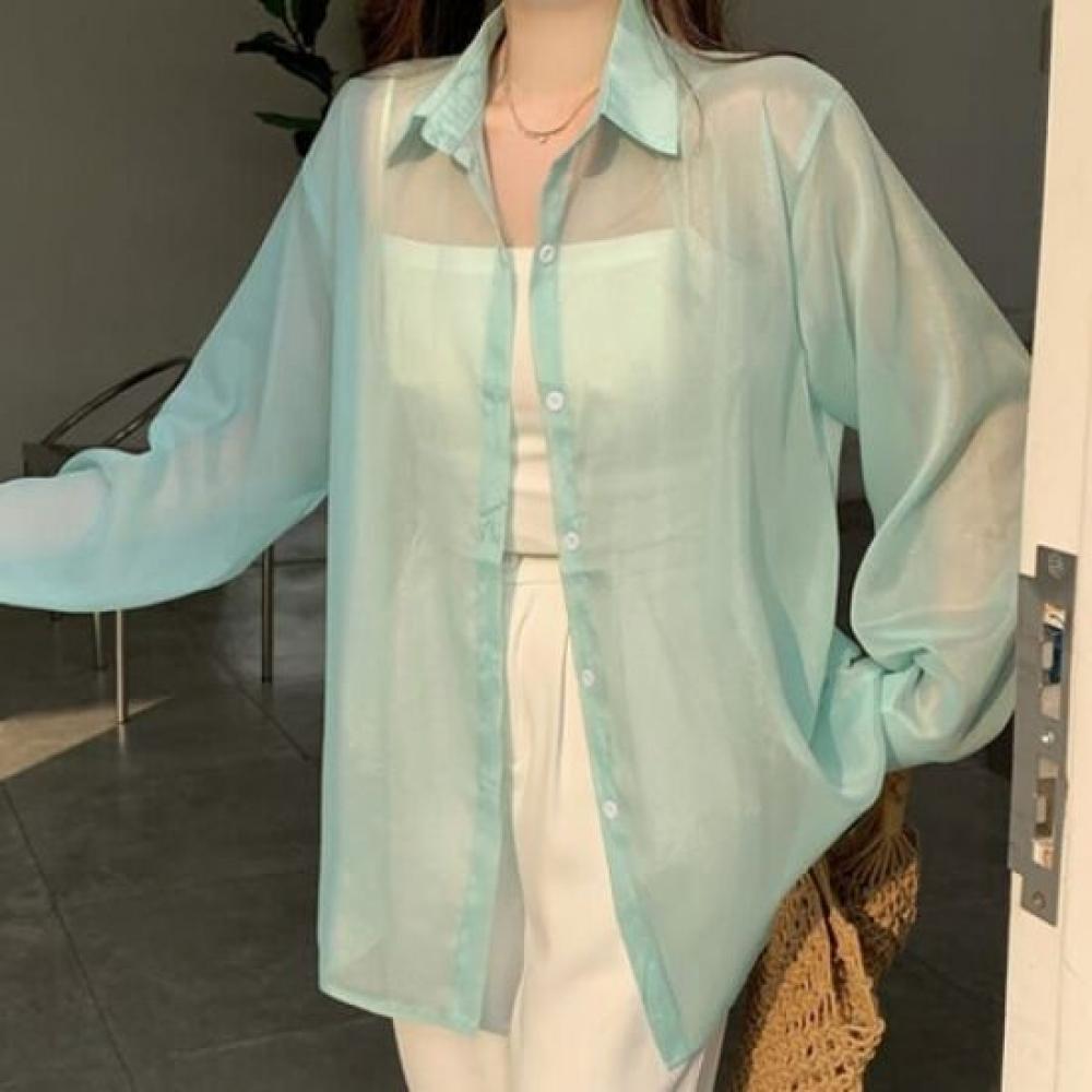 Navava Loose Fit Back Slit Thin Sheer Long Sleeve Shirt Nb2588