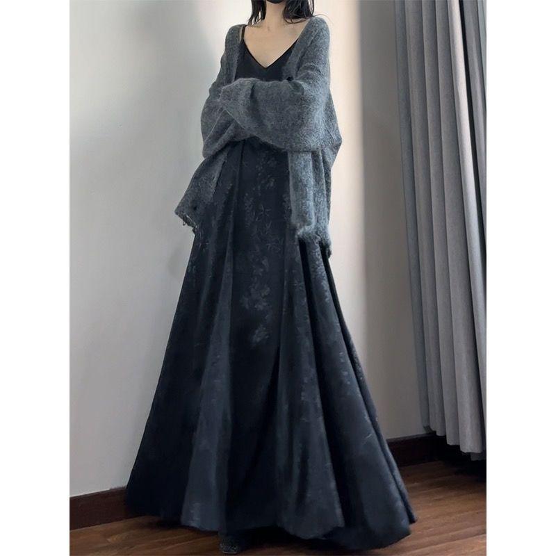 

2025 New Chinese Style Retro Satin Slip Dress with Extended Length Fishtail Skirt Large чорний