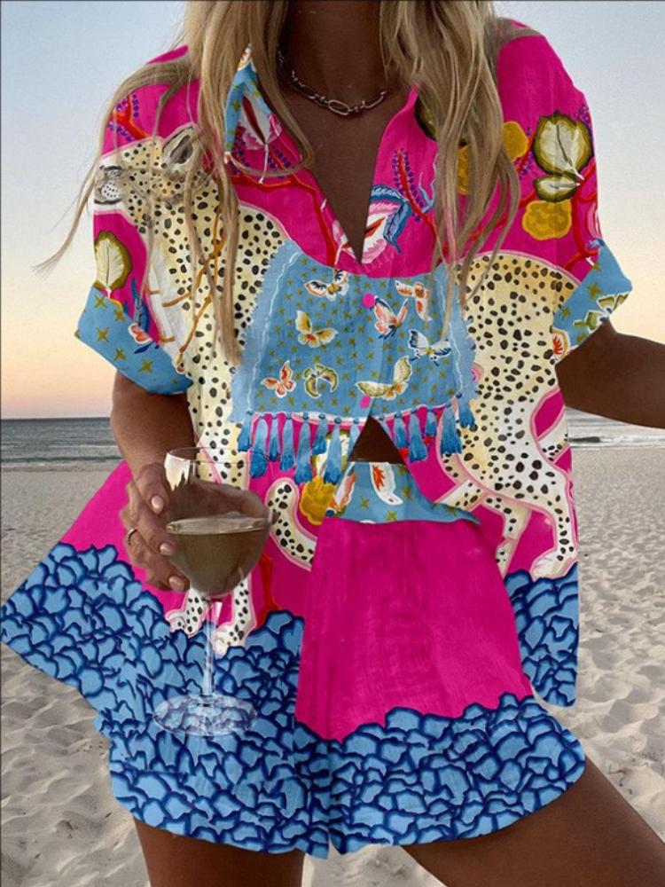 

Women s Floral Print Short Sleeve Top and Shorts Set, Blue Leaf Pink Flower Black Hand Print, Beach Outfit 5XL