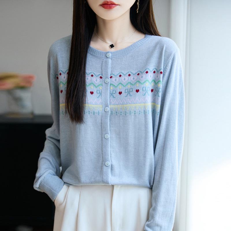 Women's Autumn 2025 Jacquard Round Neck Long Sleeve Knit Cardigan Jacket