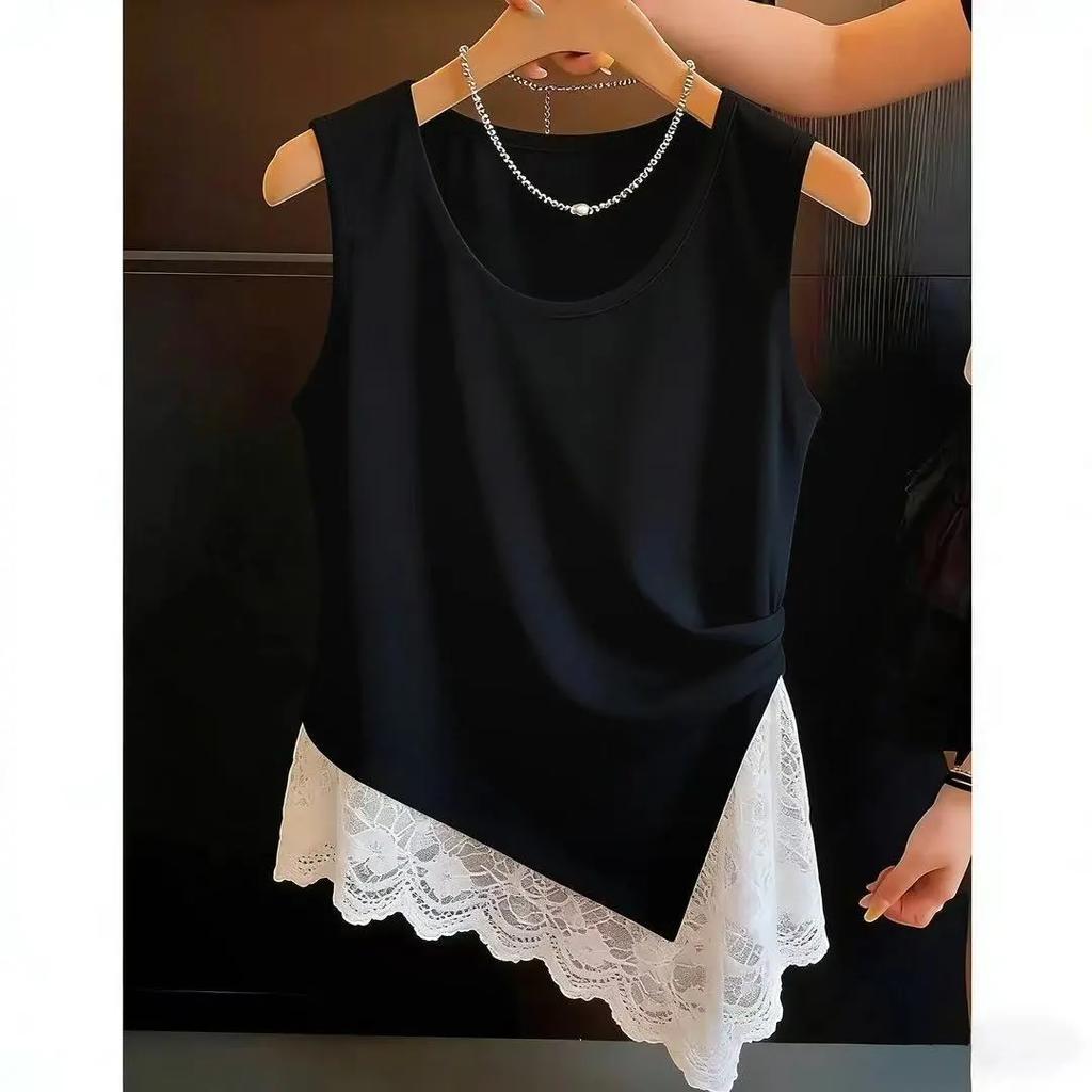 Women Summer Solid Tanks Bow Pattern Hollow Out Lace Patchwork Design O-neck Thin Top