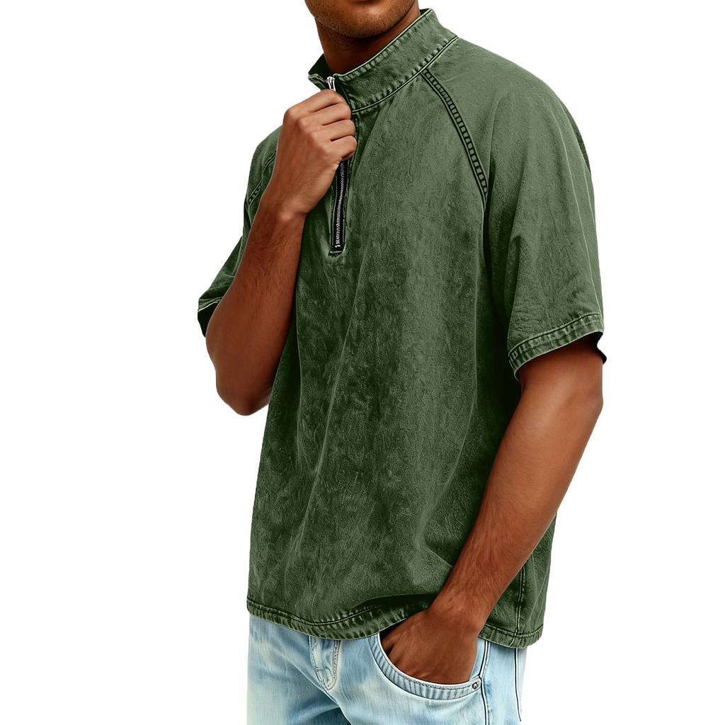 Men's Zipper Stand-up Collar Short-sleeved Distressed Washed Crewneck Casual Shirt