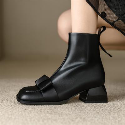Fashion New Winter Cow Leather Women Boots Square Toe Chunky Heels Boots for Women Fashion Bow Short Boots Ladies Shoes Zapatos De Mujer